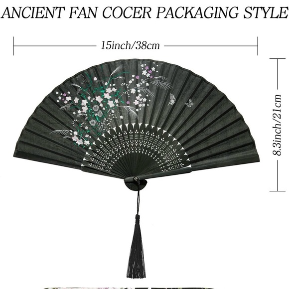 Silk and Bamboo Black Floral Hand Fan - Picture 2 of 5